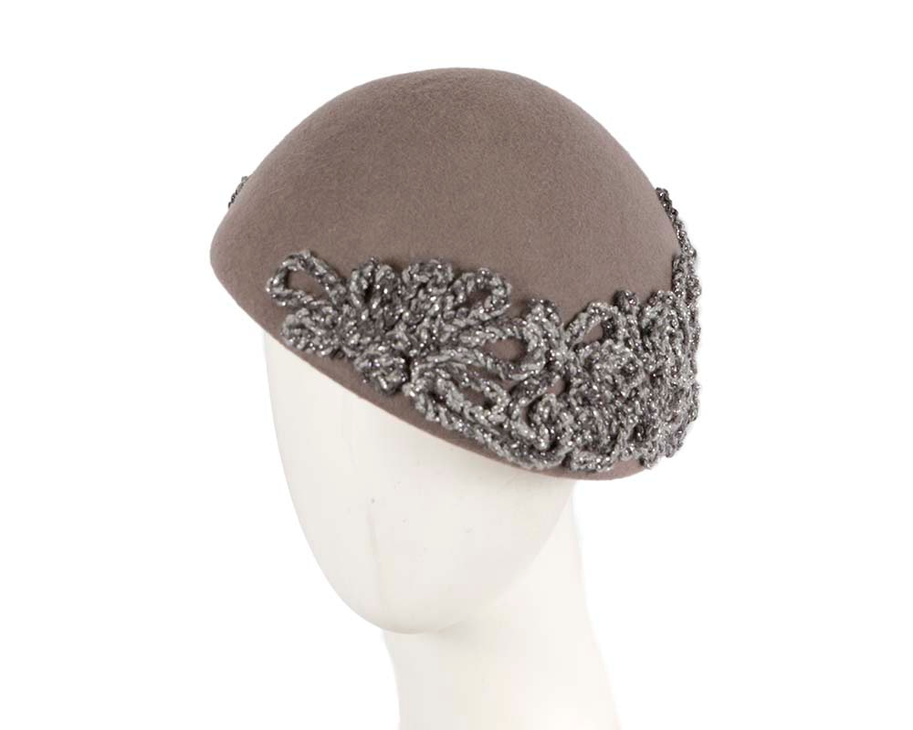 Grey felt beret with crocheted trim CU449 - Hats From OZ