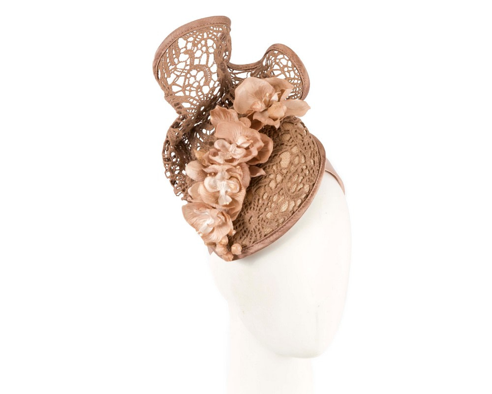 Taupe lace covered pillbox fascinator - Hats From OZ