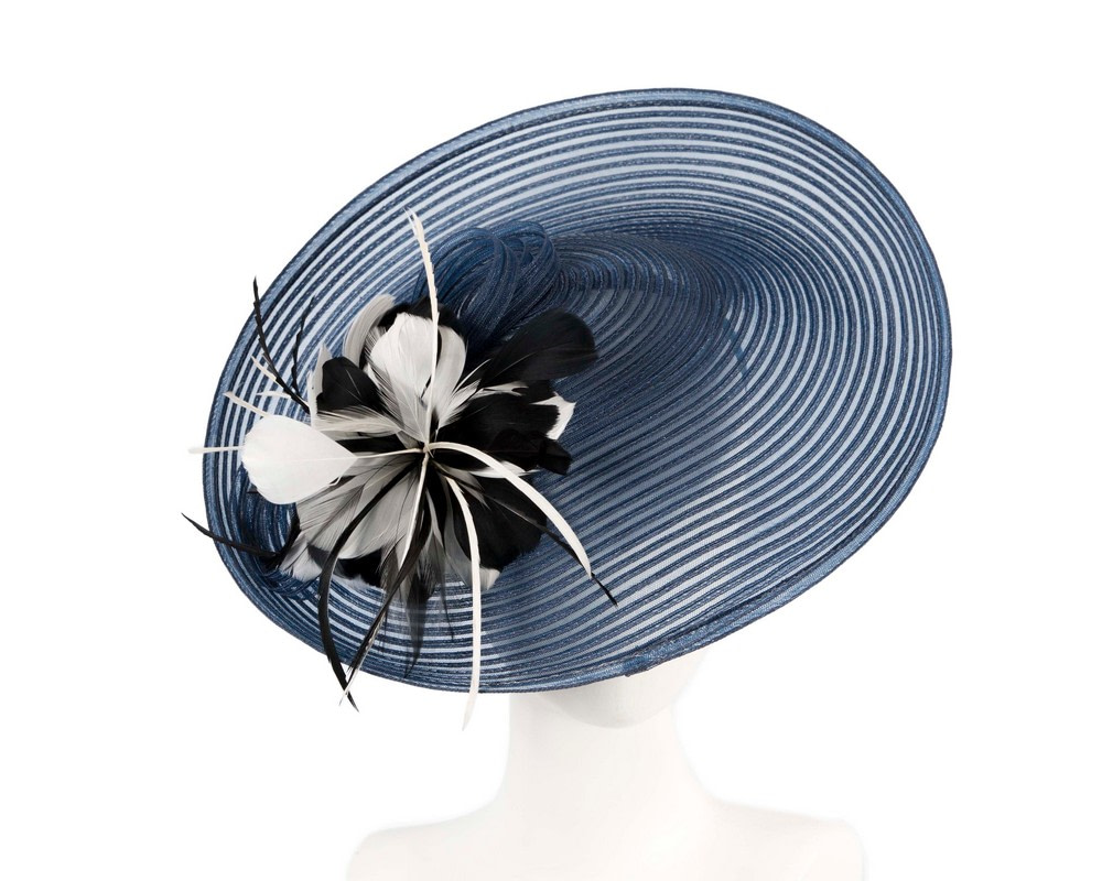 Large navy fascinator with feather flower - Hats From OZ