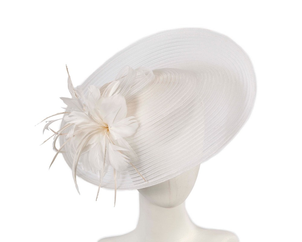 Large white fascinator with feather flower - Hats From OZ