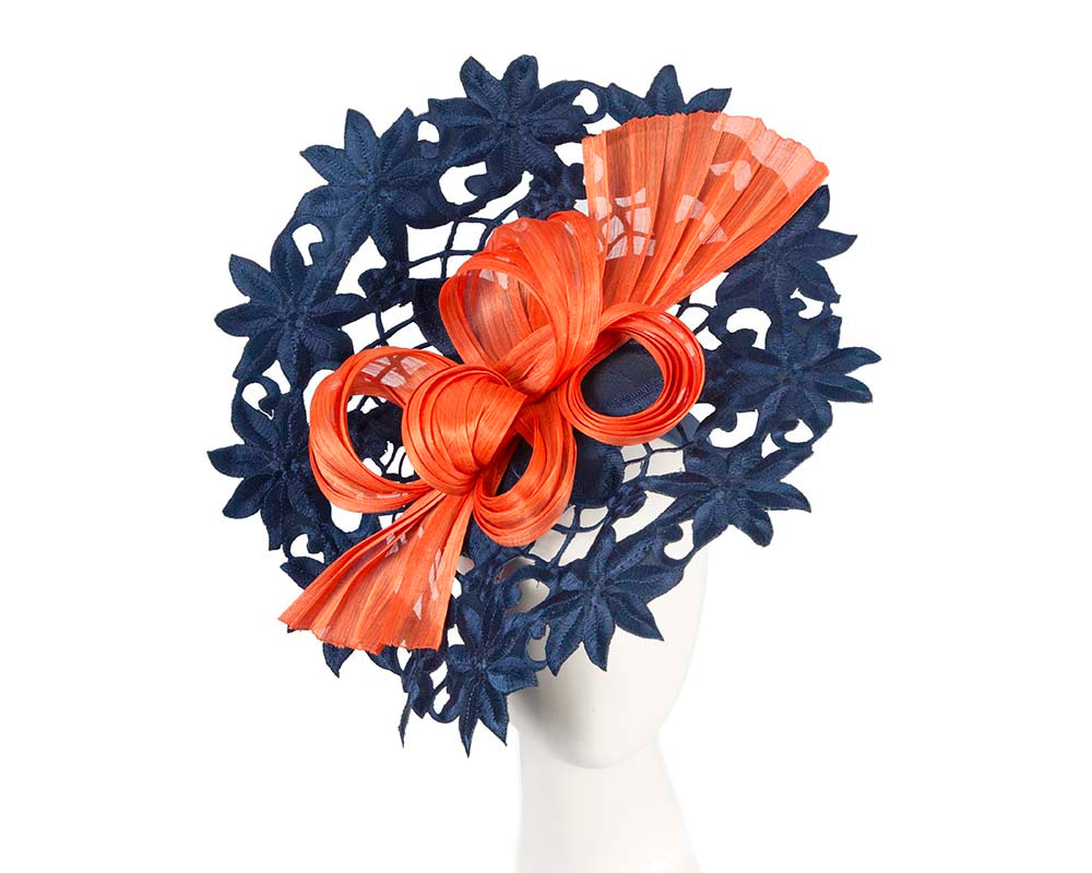 Bespoke navy and orange lace fascinator by Cupids Millinery - Hats From OZ