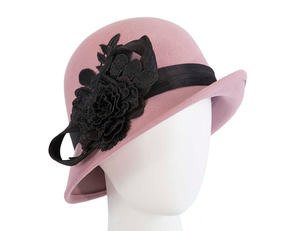 Dusty pink felt cloche hat with lace by Fillies Collection - Hats From OZ