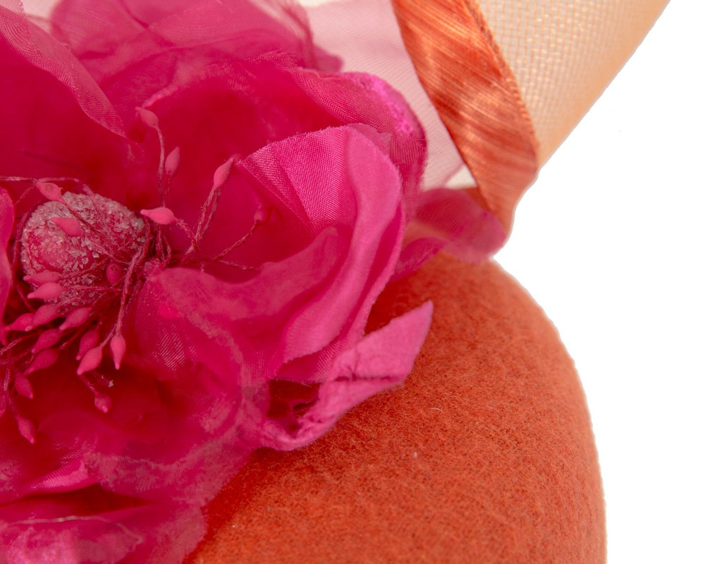 Orange winter pillbox fascinator with fuchsia flower - Image 5