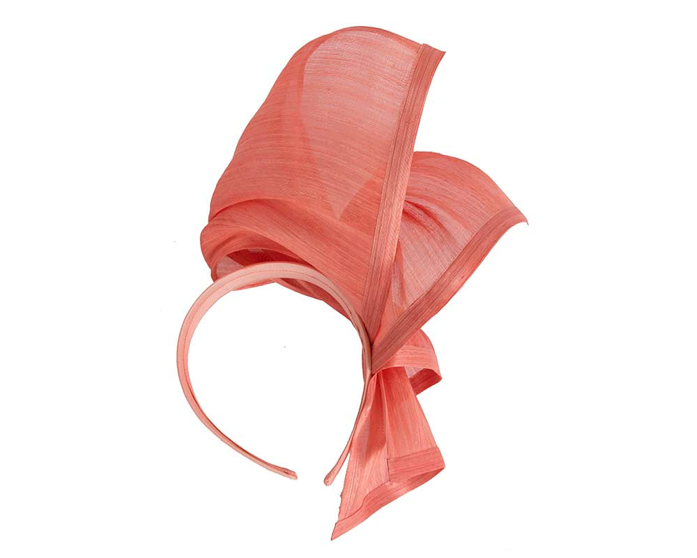 Bespoke coral silk abaca racing fascinator by Fillies Collection - Hats From OZ Bespoke coral silk abaca racing fascinator by Fillies Collection - Image 4