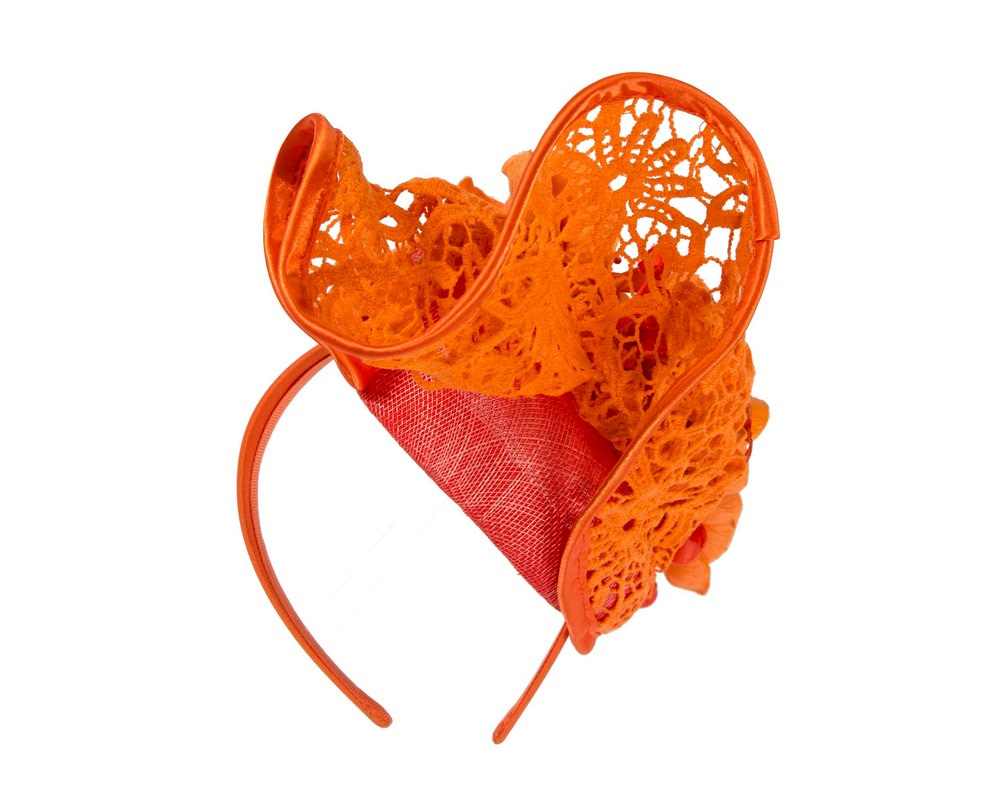 Orange lace covered pillbox fascinator - Image 6
