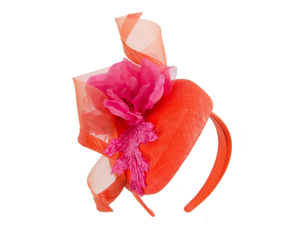 Orange pillbox fascinator with fuchsia flower by Fillies Collection - Image 2