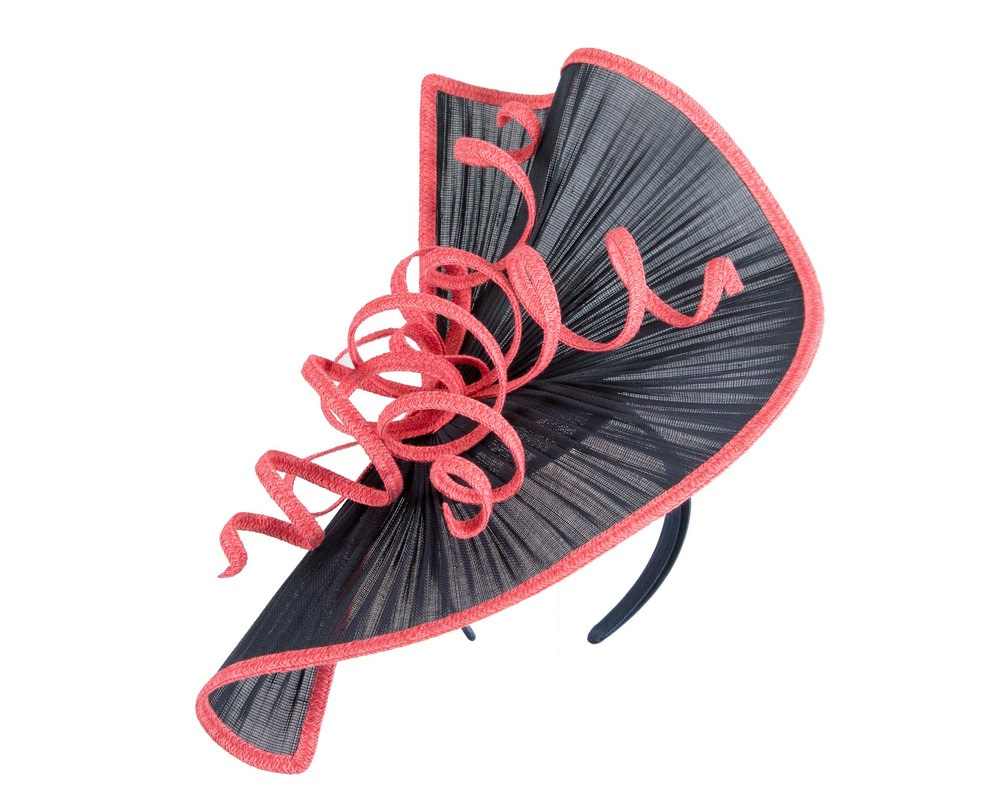 Large navy & coral jinsin racing fascinator by Fillies Collection - Image 2