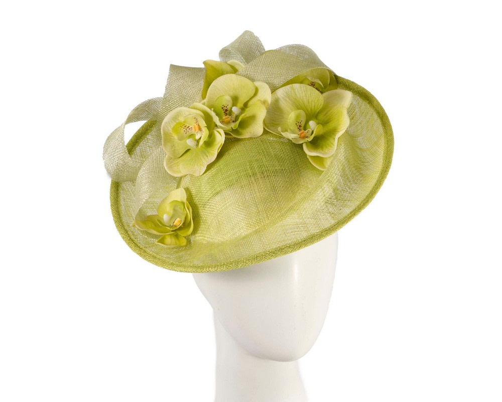 Large lime green fascinator with orchid flowers - Hats From OZ