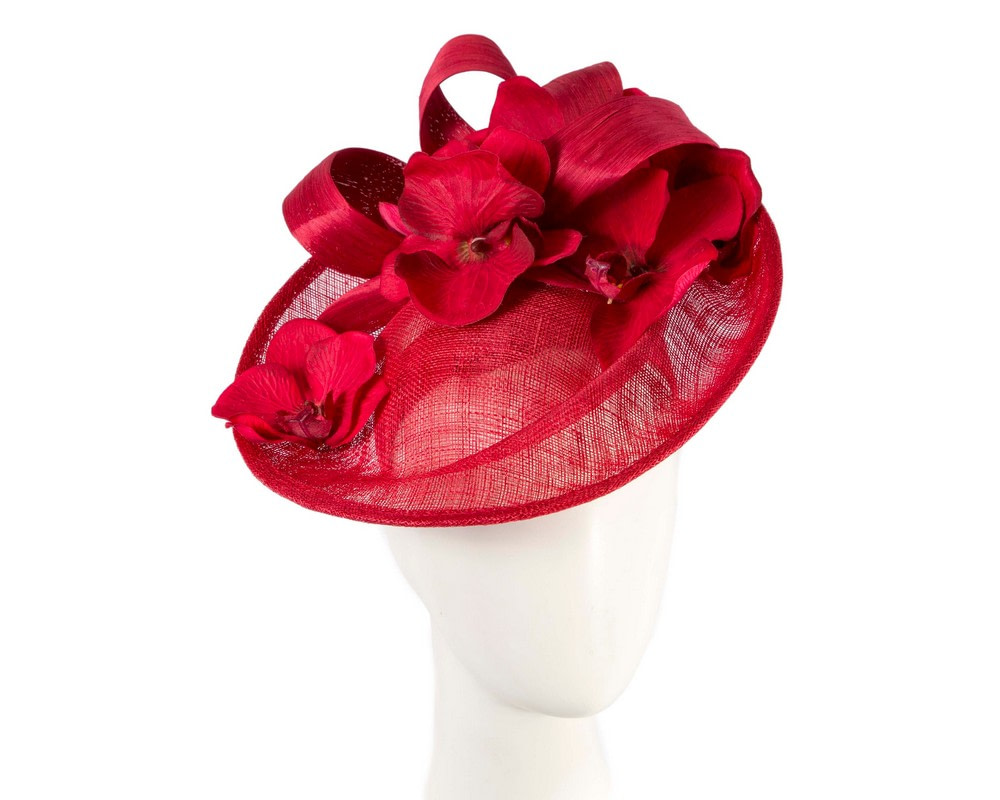 Large red fascinator with orchid flowers - Hats From OZ