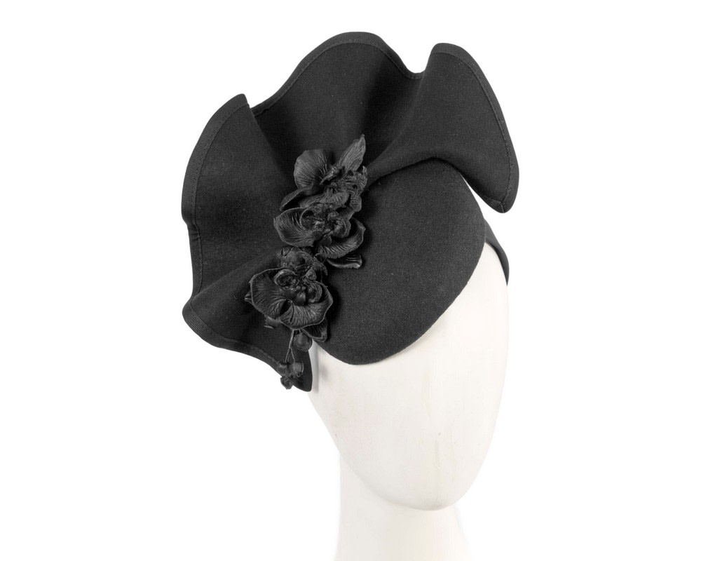 Black winter pillbox fascinator with flowers by Fillies Collection - Hats From OZ