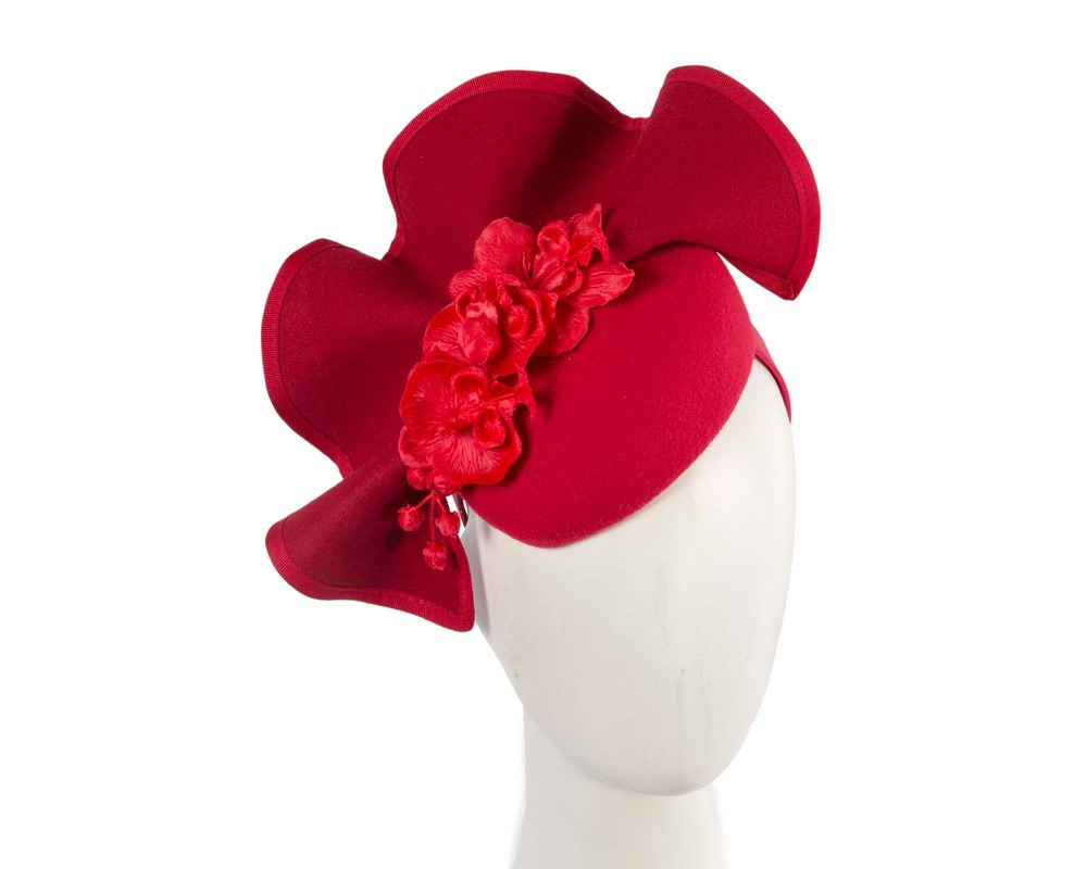 Red winter pillbox fascinator with flowers by Fillies Collection - Hats From OZ