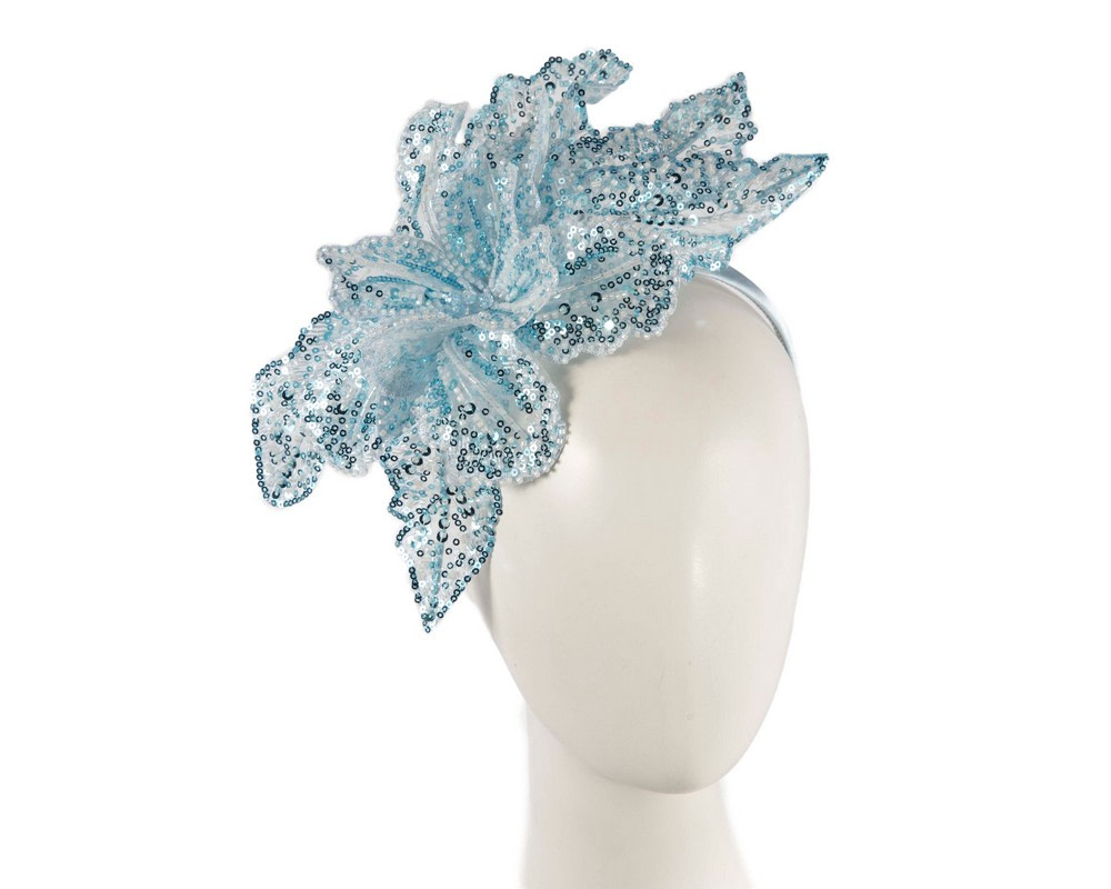 Shiny light blue lace fascinator by Cupids Millinery - Hats From OZ