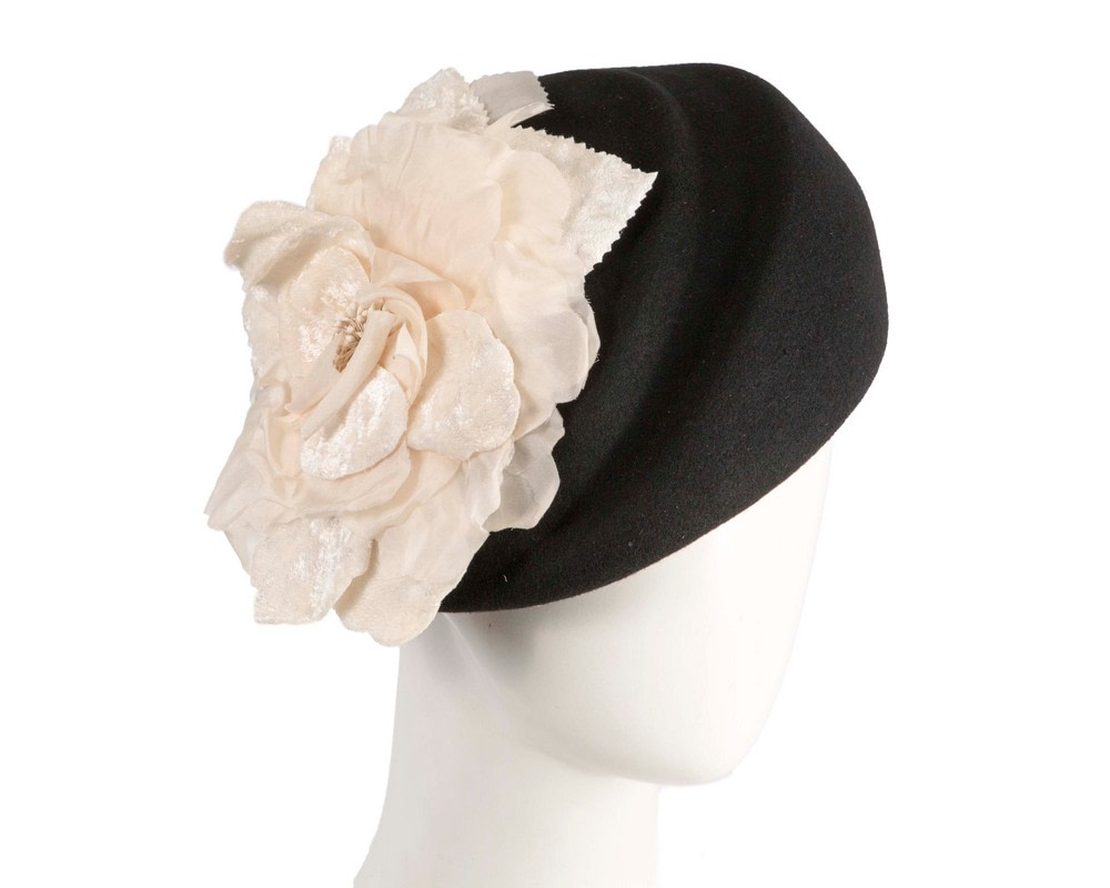 Black Wool Hat with Cream Floral Accent - Winter Elegance - Hats From OZ