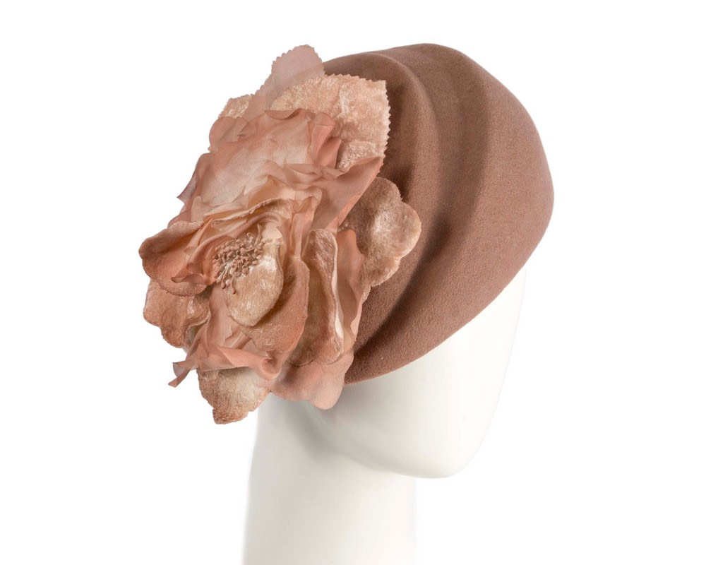 Taupe Wool Hat with Floral Accent - Winter Elegance - Hats From OZ