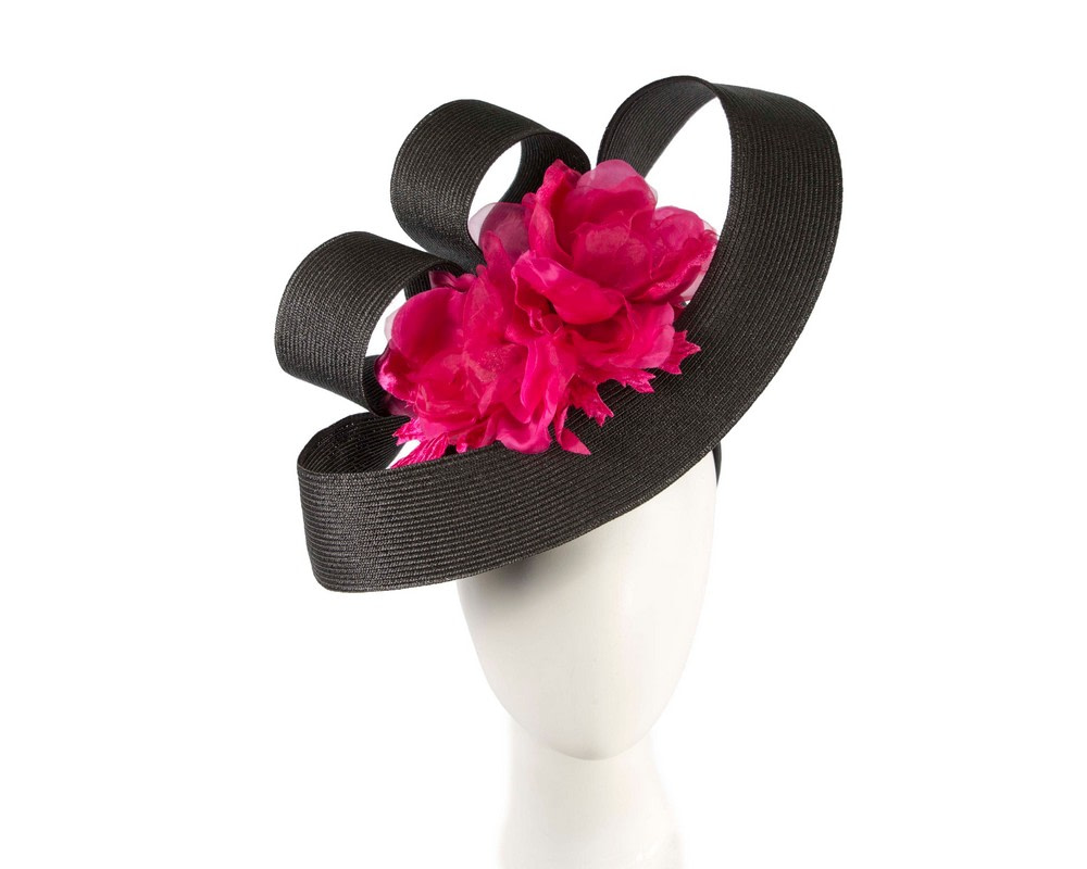 Large black & fuchsia fascinator with flower by Fillies Collection - Hats From OZ