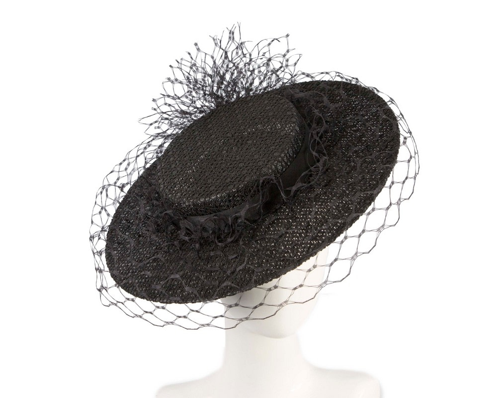 Black boater hat with face veil by Fillies Collection - Hats From OZ