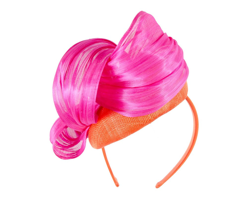 Orange & Hot Pink pillbox fascinator with silk abaca bow by Fillies Collection - Image 6
