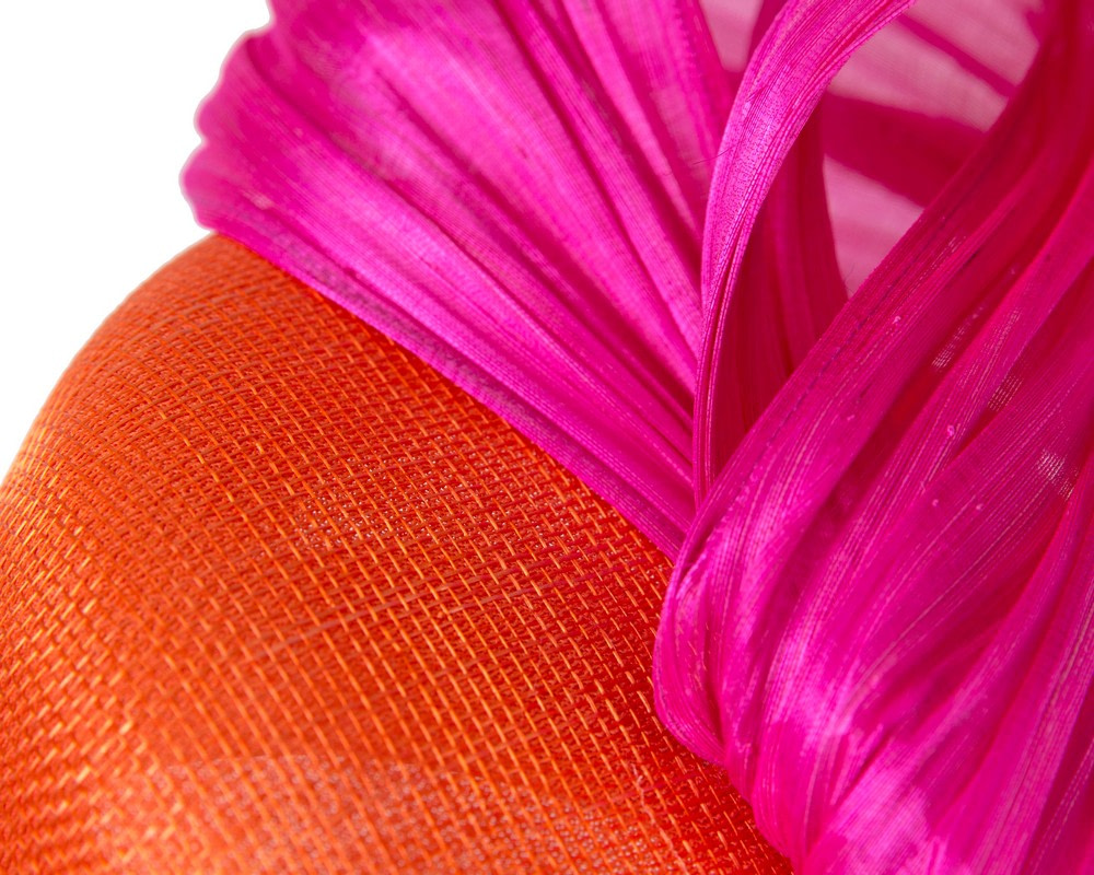 Orange & Hot Pink pillbox fascinator with silk abaca bow by Fillies Collection - Image 5