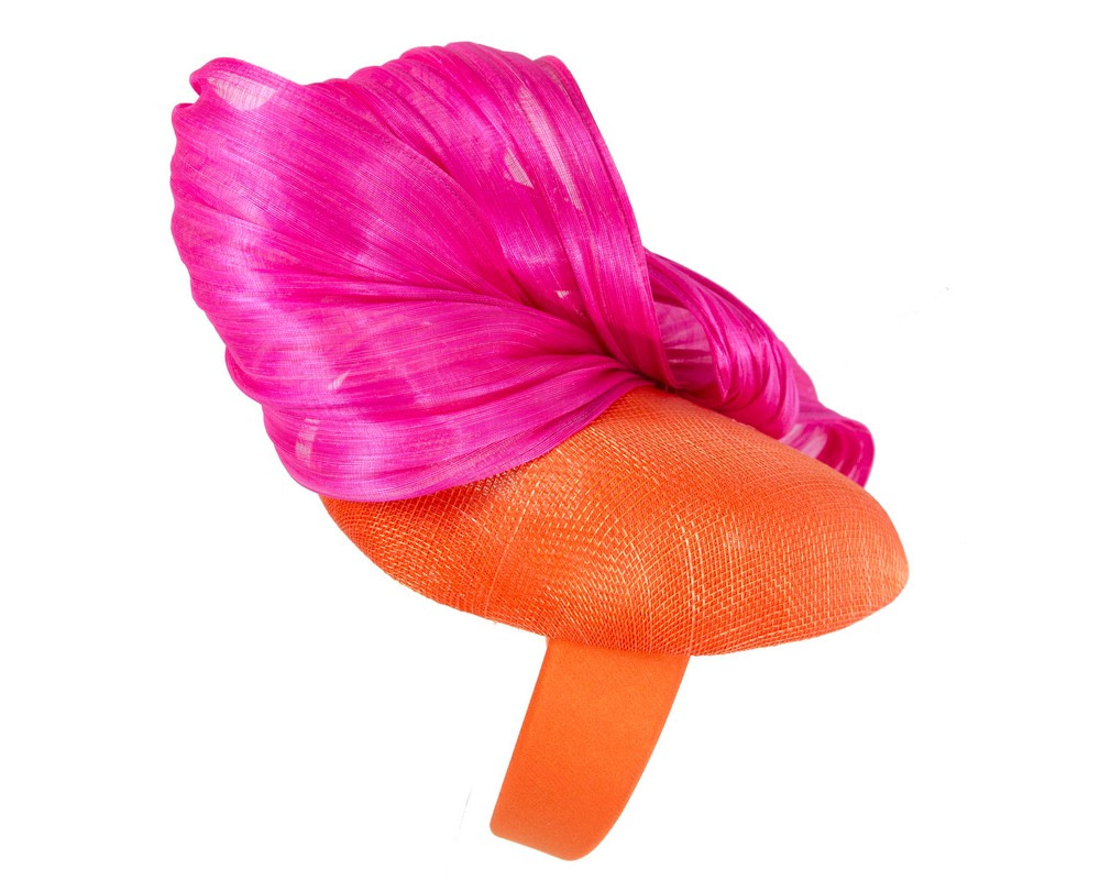Orange & Hot Pink pillbox fascinator with silk abaca bow by Fillies Collection - Image 4