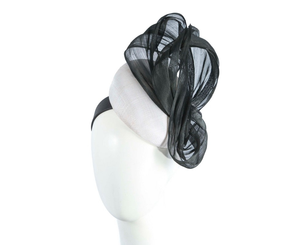 White pillbox fascinator with black silk abaca bow by Fillies Collection - Hats From OZ