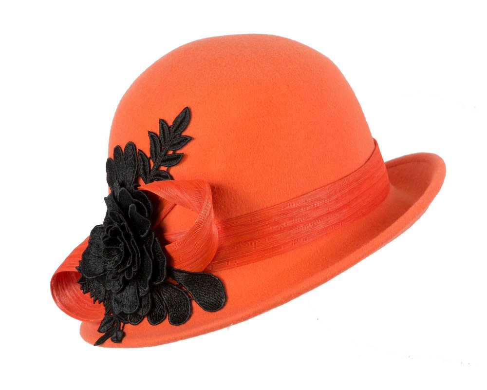Orange felt cloche hat with lace by Fillies Collection - Image 2