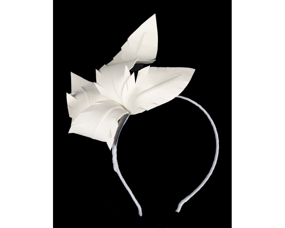 White leather flower headband fascinator by BELIEVERA - Hats From OZ White leather flower headband fascinator by BELIEVERA - Image 2