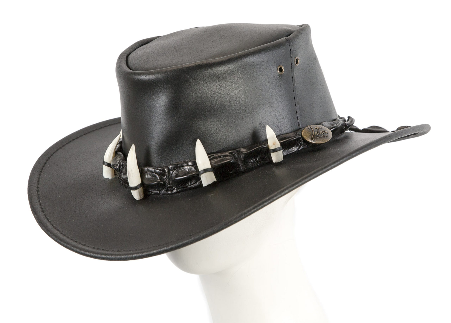Black Australian Leather Outback Jacaru Hat with Crосоdile Teeth - Hats From OZ UK