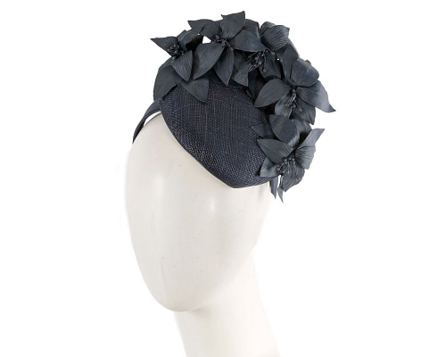 Navy pillbox with leather flowers by Fillies Collection - Hats From OZ