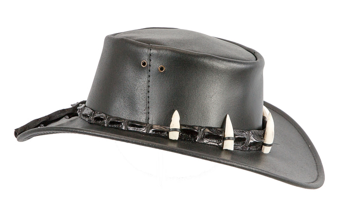 Black Australian Leather Outback Jacaru Hat with Crосоdile Teeth - Hats From OZ