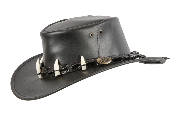 Black Australian Leather Outback Jacaru Hat with Crосоdile Teeth - Image 2