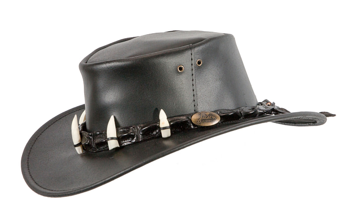 Black Australian Leather Outback Jacaru Hat with Crосоdile Teeth - Hats From OZ