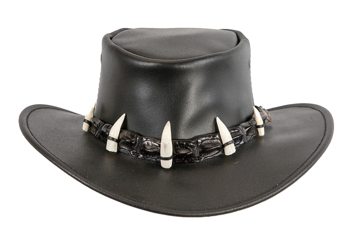 Black Australian Leather Outback Jacaru Hat with Crосоdile Teeth - Hats From OZ