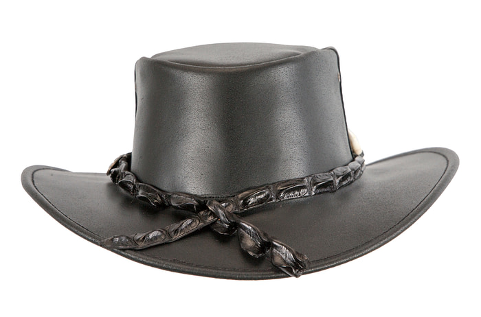 Black Australian Leather Outback Jacaru Hat with Crосоdile Teeth - Hats From OZ
