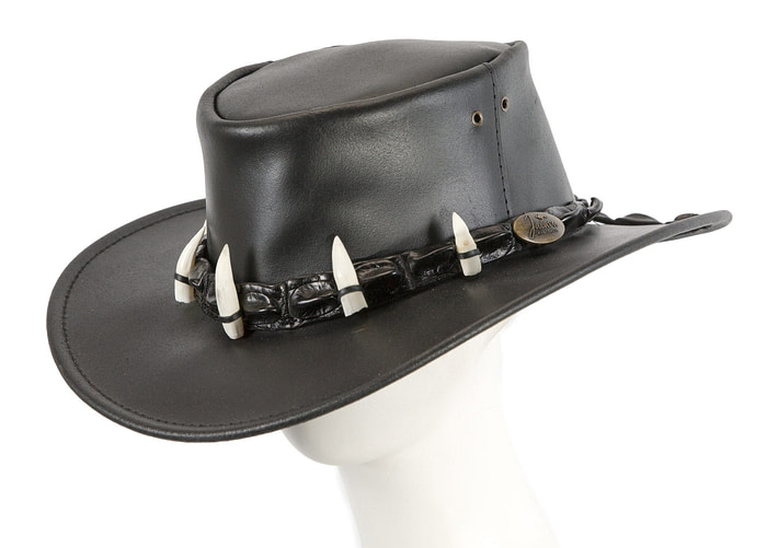 Black Australian Leather Outback Jacaru Hat with Crосоdile Teeth