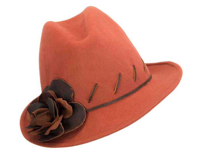 Exclusive rabbit fur fedora hat with leather flower - Hats From OZ