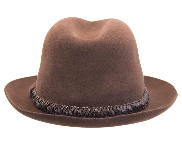 Brown unisex rabbit fur fedora hat with leather trim - Hats From OZ