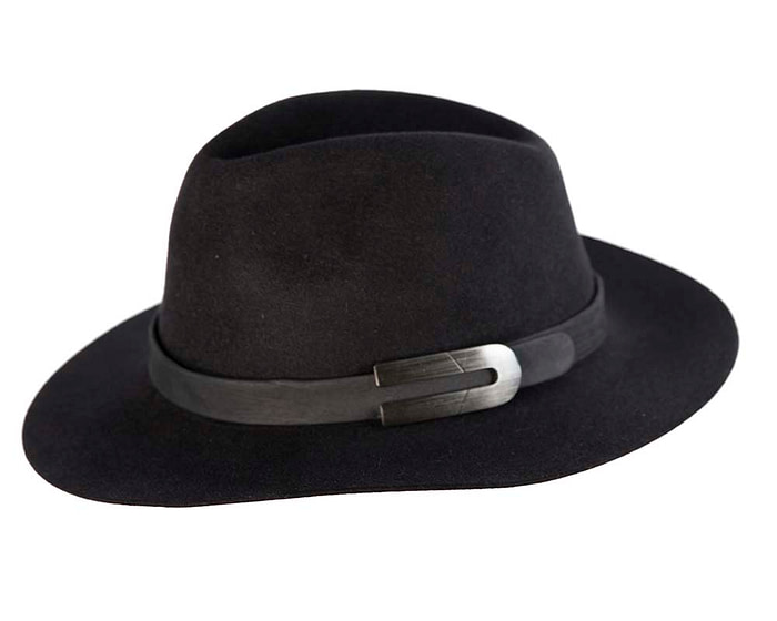 Black rabbit fur wide brim fedora hat with leather band - Hats From OZ