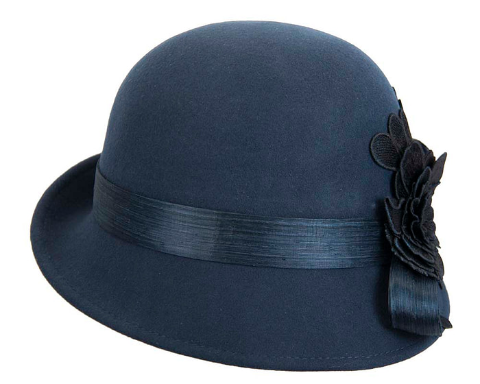 Navy felt cloche hat with lace by Fillies Collection - Image 4
