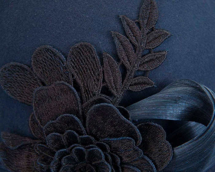 Navy felt cloche hat with lace by Fillies Collection - Image 5