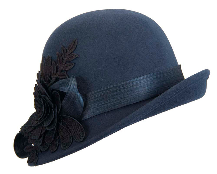 Navy felt cloche hat with lace by Fillies Collection - Image 2