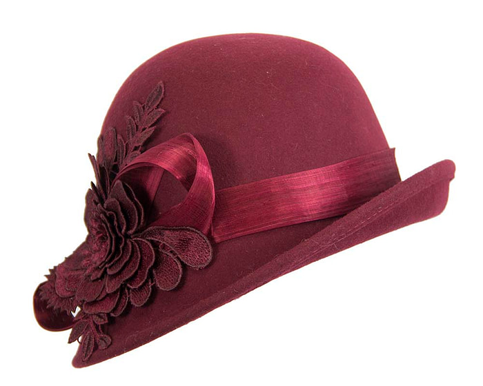 Burgundy wine felt cloche hat with lace by Fillies Collection - Hats From OZ