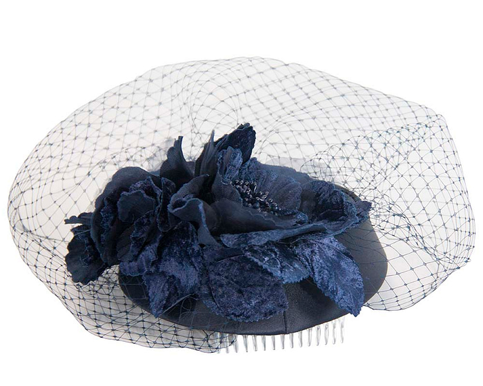 Custom made navy pillbox hat with flowers & face veiling - Hats From OZ