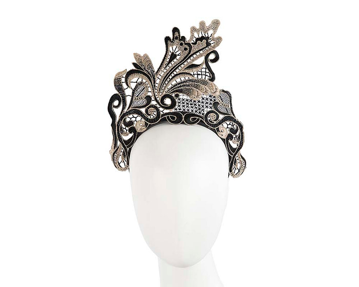 Exclusive Black & Nude Lace Crown Fascinator by Cupids Millinery - Hats From OZ