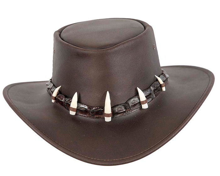 Brown Australian Leather Outback Jacaru Hat with Crосоdile Teeth - Hats From OZ