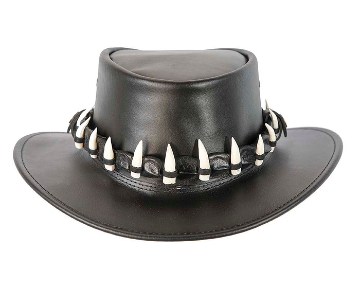 Black Australian Leather Outback Jacaru Hat with 15 Crосоdile Teeth - Hats From OZ