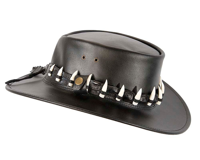 Black Australian Leather Outback Jacaru Hat with 15 Crосоdile Teeth - Hats From OZ