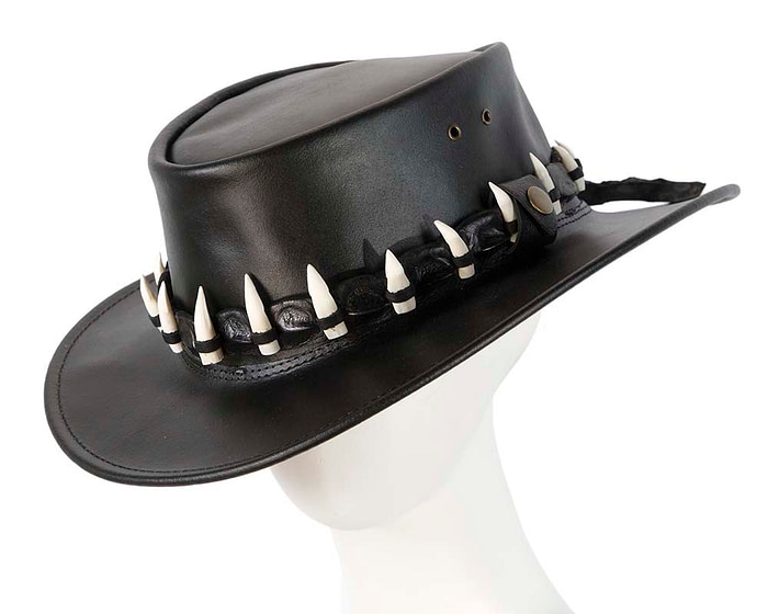 Black Australian Leather Outback Jacaru Hat with 15 Crосоdile Teeth - Hats From OZ