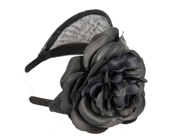 Wide black leather rose headband fascinator by Max Alexander - Hats From OZ