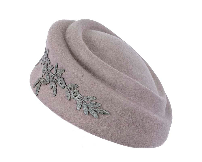 Large grey felt beret hat with lace - Hats From OZ