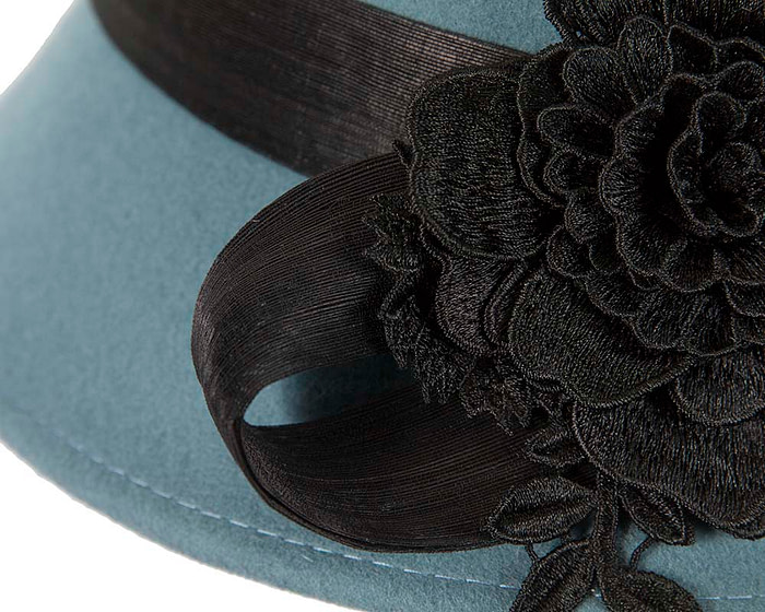 Blue felt cloche hat with lace by Fillies Collection - Hats From OZ